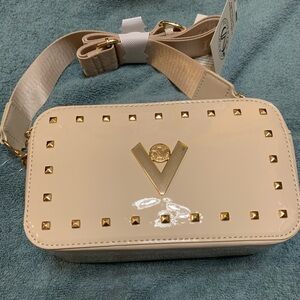 Valentino Orlando Stylish Taupe Camera Crossbody Bag with Gold Accents NWT
